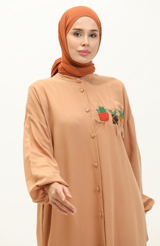 Nakışlı Keten Uzun Tunik 24Y9043-01 Camel