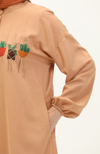 Nakışlı Keten Uzun Tunik 24Y9043-01 Camel