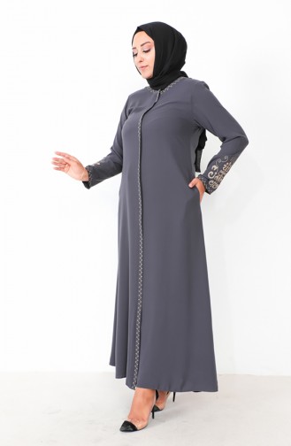 Plus Size Embroidered Zippered Abaya 2003-06 Smoked 2003-06
