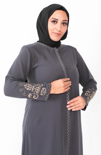 Plus Size Embroidered Zippered Abaya 2003-06 Smoked 2003-06