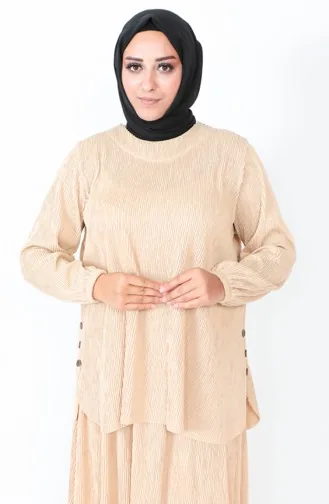 Plus Size Pleated Two Piece Suit 2606-06 Light Beige 2606-06