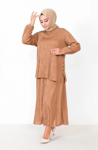 طقم ثنائي مطوي تونيك تنورة مقاس كبير 2606-07 كريمي 2606-07