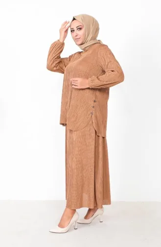 طقم ثنائي مطوي تونيك تنورة مقاس كبير 2606-07 كريمي 2606-07