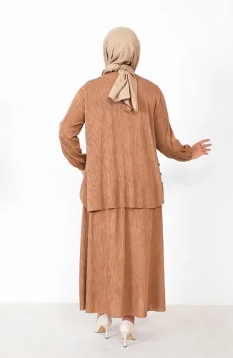 طقم ثنائي مطوي تونيك تنورة مقاس كبير 2606-07 كريمي 2606-07