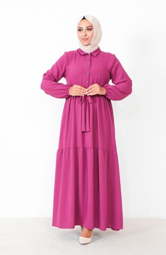 Plus Size Buttoned Shirred Dress 1701-04 Fuchsia 1701-04