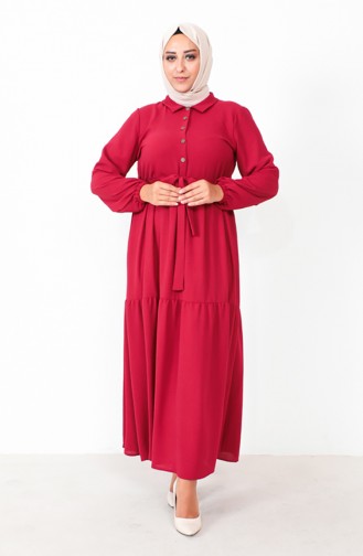 Plus Size Buttoned Shirred Dress 1701-05 Claret Red 1701-05