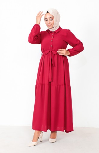 Plus Size Buttoned Shirred Dress 1701-05 Claret Red 1701-05