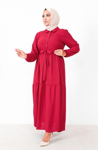 Plus Size Buttoned Shirred Dress 1701-05 Claret Red 1701-05