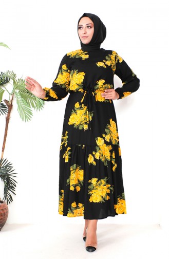 Plus Size Patterned Viscose Dress 1801-01 Black Yellow 1801-01