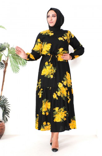 Robe Viscose à Motifs Grande Taille 1801-01 Noir Jaune 1801-01