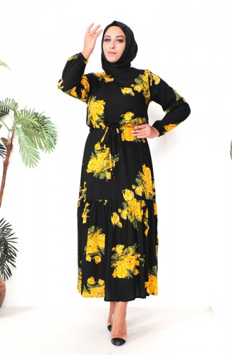 Plus Size Patterned Viscose Dress 1801-01 Black Yellow 1801-01