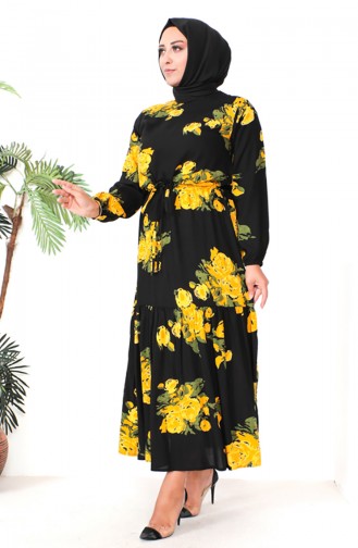 Plus Size Patterned Viscose Dress 1801-01 Black Yellow 1801-01