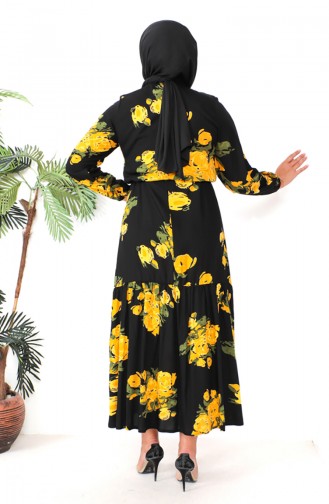 Plus Size Patterned Viscose Dress 1801-01 Black Yellow 1801-01