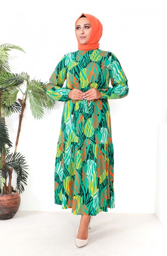 Plus Size Patterned Viscose Dress 1804-04 Green 1804-04