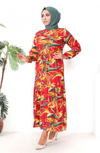 Plus Size Patterned Viscose Dress 1813-02 Red Green 1813-02