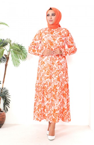 Plus Size Patterned Viscose Dress 1819-02 Orange 1819-02
