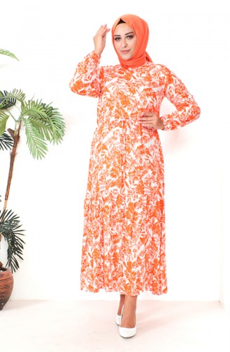 Plus Size Patterned Viscose Dress 1819-02 Orange 1819-02