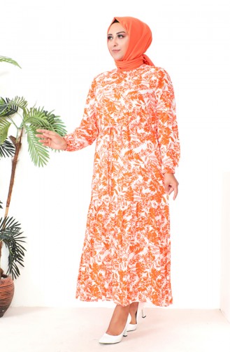 Plus Size Patterned Viscose Dress 1819-02 Orange 1819-02