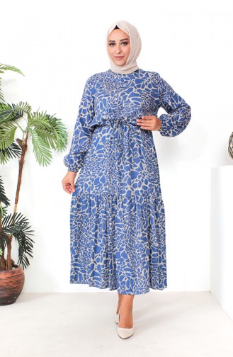 فستان فيسكوز منقوش مقاس كبير  1825-01 أزرق 1825-01