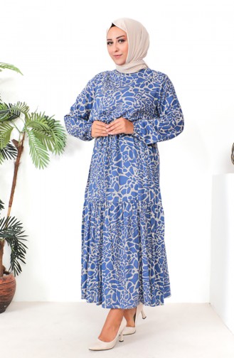 Büyük Beden Desenli Viskon Elbise 1825-01 Mavi