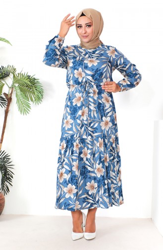 Plus Size Patterned Viscose Dress 1831-01 İndigo 1831-01