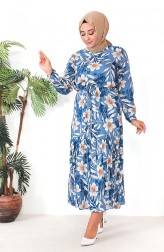 Plus Size Patterned Viscose Dress 1831-01 İndigo 1831-01