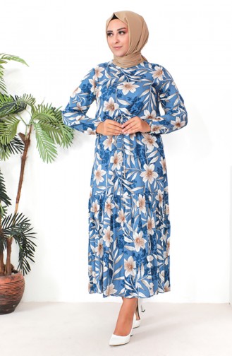 Plus Size Patterned Viscose Dress 1831-01 İndigo 1831-01