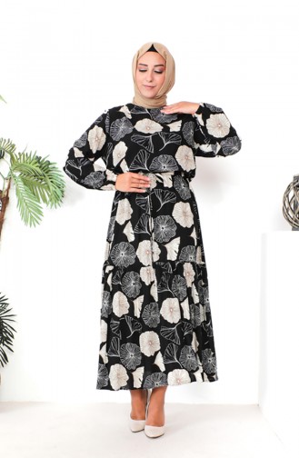 Plus Size Patterned Viscose Dress 1834-01 Black 1834-01
