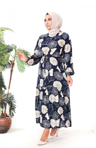 Plus Size Patterned Viscose Dress 1834-02 Navy Blue 1834-02