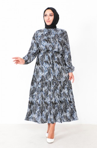 Plus Size Patterned Viscose Dress 1838-03 Navy Blue 1838-03