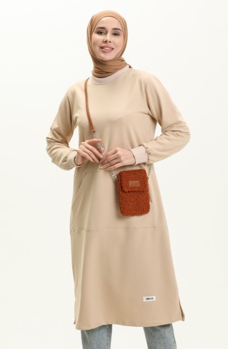 Elif Okur Hijab Tunique Longue Avec Poches 110cm Beige 1404 1404
