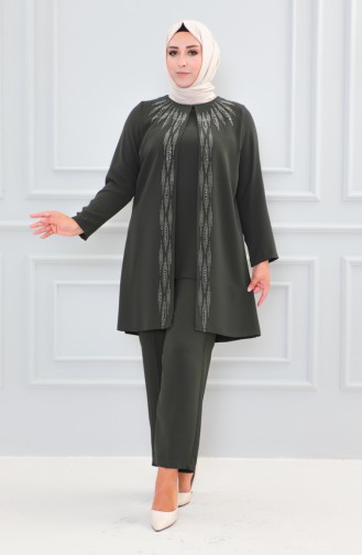 Large Size Stone Printed Evening Dress Suit 6105-02 Khaki 6105-02