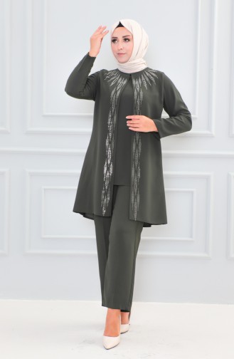 Large Size Stone Printed Evening Dress Suit 6105-02 Khaki 6105-02