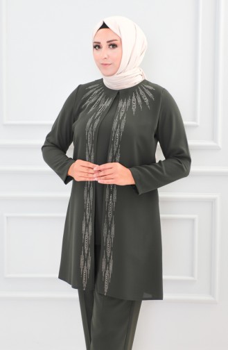 Großer Abendkleid-Anzug Mit Steinmuster 6105-02 Khaki 6105-02