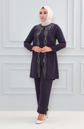 Großer Abendkleid-Anzug Mit Steinmuster 6105-03 Lila 6105-03