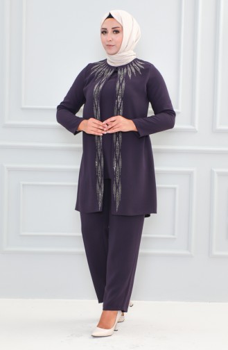 Großer Abendkleid-Anzug Mit Steinmuster 6105-03 Lila 6105-03