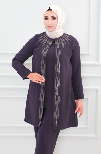 Großer Abendkleid-Anzug Mit Steinmuster 6105-03 Lila 6105-03