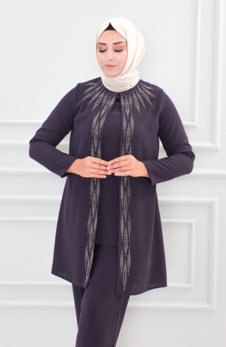 Großer Abendkleid-Anzug Mit Steinmuster 6105-03 Lila 6105-03