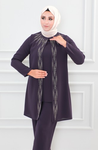 Large Size Stone Printed Evening Dress Suit 6105-03 Purple 6105-03