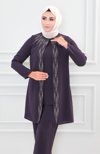 Großer Abendkleid-Anzug Mit Steinmuster 6105-03 Lila 6105-03