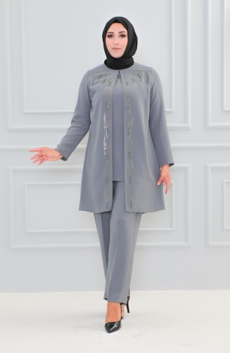 Großer Abendkleid-Anzug Mit Steinmuster 6105-04 Grau 6105-04