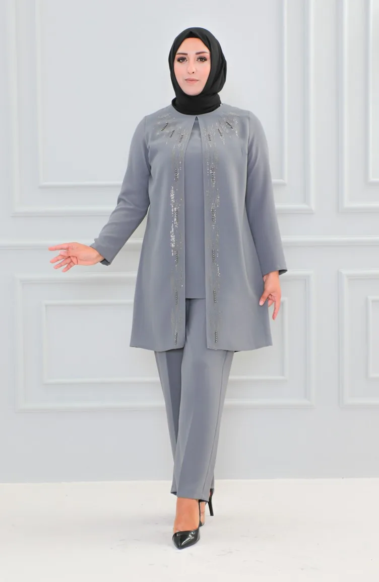 Großer Abendkleid-Anzug Mit Steinmuster 6105-04 Grau 6105-04