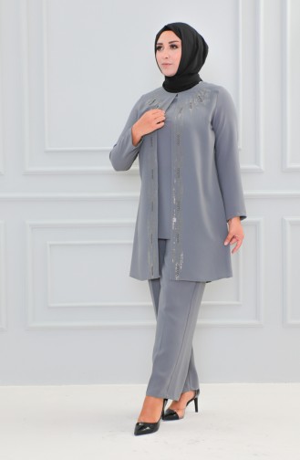 Großer Abendkleid-Anzug Mit Steinmuster 6105-04 Grau 6105-04