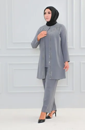 Großer Abendkleid-Anzug Mit Steinmuster 6105-04 Grau 6105-04