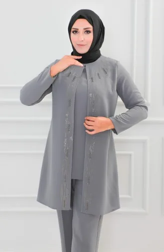 Großer Abendkleid-Anzug Mit Steinmuster 6105-04 Grau 6105-04