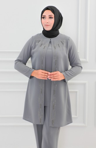 Großer Abendkleid-Anzug Mit Steinmuster 6105-04 Grau 6105-04
