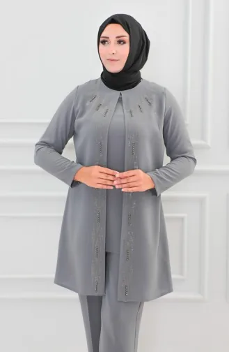 Großer Abendkleid-Anzug Mit Steinmuster 6105-04 Grau 6105-04