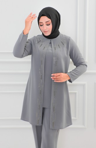 Großer Abendkleid-Anzug Mit Steinmuster 6105-04 Grau 6105-04