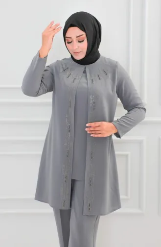 Großer Abendkleid-Anzug Mit Steinmuster 6105-04 Grau 6105-04