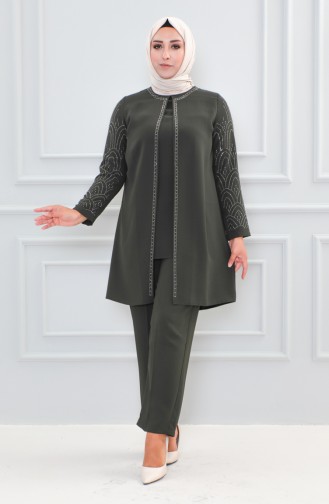 Großer Abendkleid-Anzug Mit Steinmuster 6121-03 Khaki 6121-03